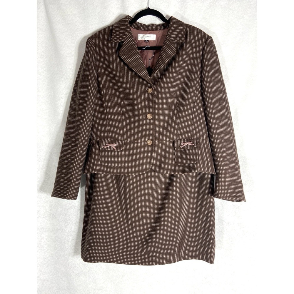 Tahari Asl 2PC Skirt Suit Women's 18 Brown Pink Blazer Buttons Polka Dot Wool